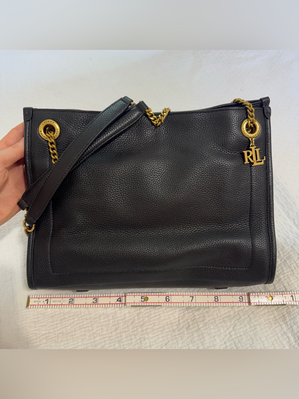 Ralph Lauren Black Pebbled Leather Shoulder Bag with Gold Strap, never worn